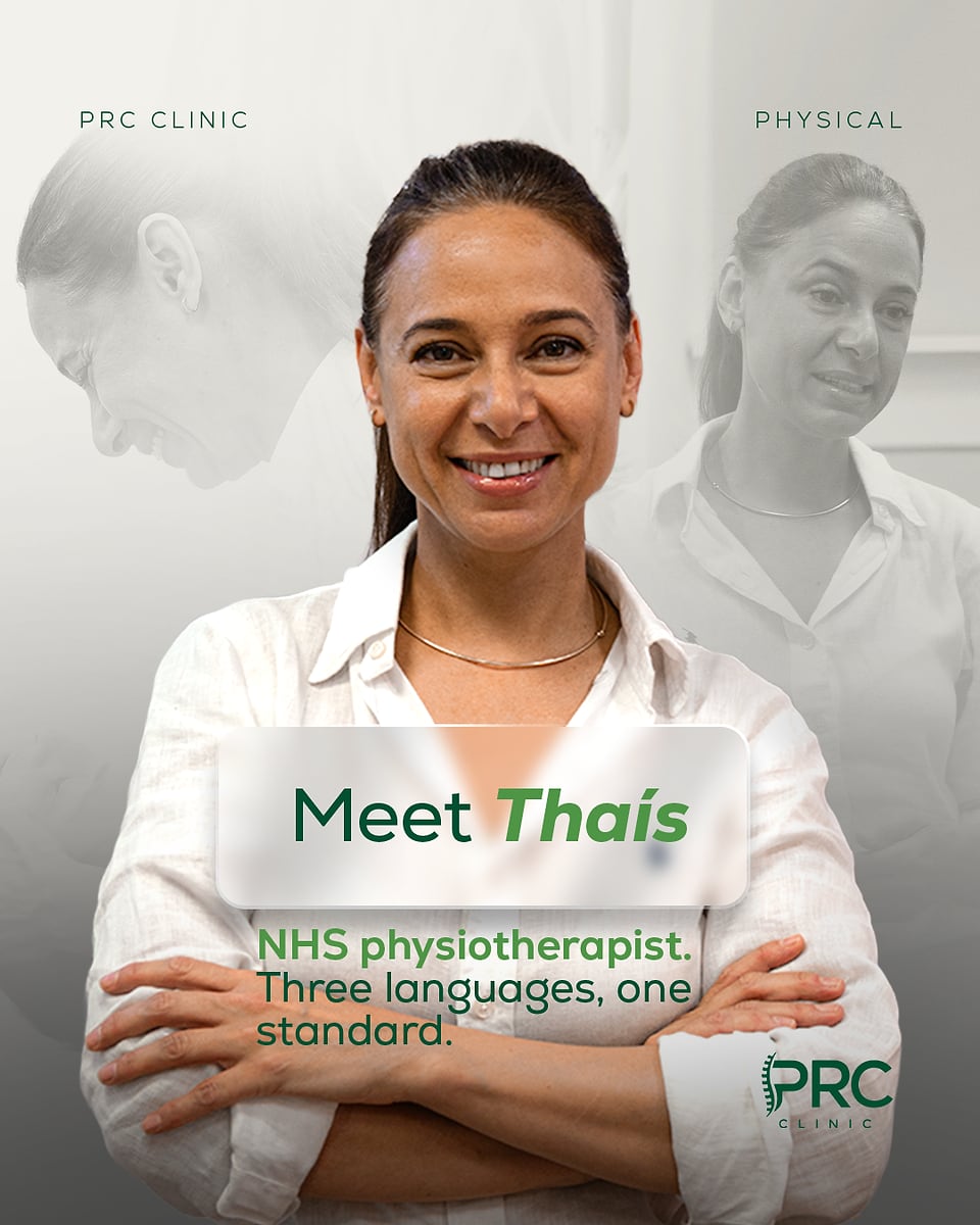 Thaís de Oliveira smiling with arms crossed in a white shirt. Text on the image: Meet Thaís. NHS physiotherapist. Three languages, one standard.
